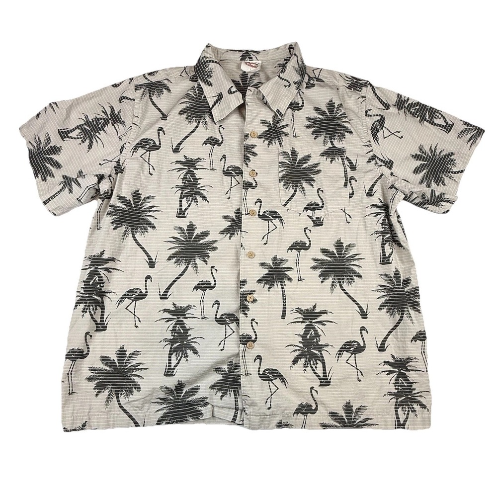 Barefoot In Paradise Hawaiian Shirt Gray Black Palm Trees Flamingos AOP Mens L